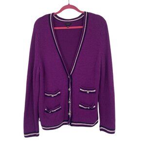Talbots Size XL Purple Texture Stripe V-Neck Sweater Cardigan Button Cotton